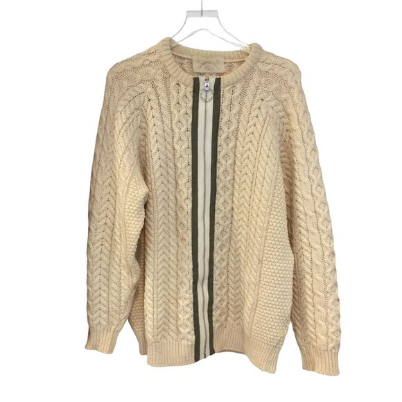 The Irish Wolfhound 100% Pure New Wool Zip Front Knit Cream Sweater with Olive A